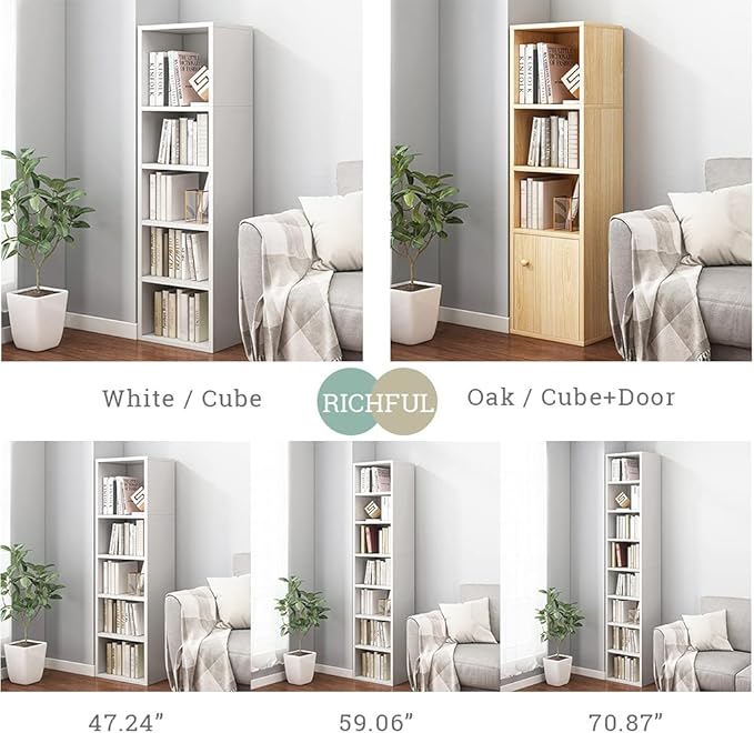 IOTXY Small Narrow Corner Bookcase - 59 Inches Tall Gap Freestanding Storage Cabinet, 7 Lattices Open Shelves Tower Rack, Cubes Bookshelf in White