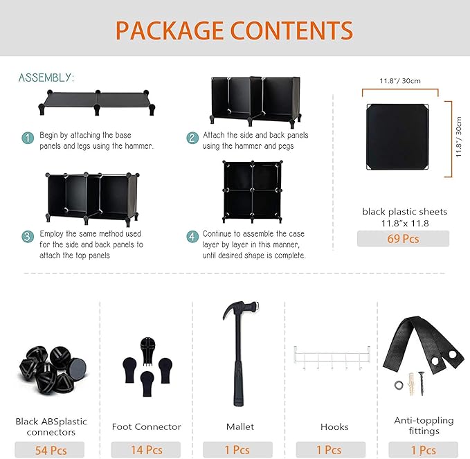 HOMIDEC 20-Cube Black Cube Storage Organizer, Modular Storage Shelf with Hammer, Cube Storage Bin Cabinet Closet Bookshelf for Living Room, Bedroom, Office, Each Cube Size 11.8 x 11.8 inch