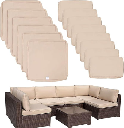 ClawsCover 14Pack Outdoor Patio Seat and Back Cushions Replacement Covers Fit for 7Pieces 6-Seater Wicker Rattan Sectional Couch Chair Furniture Set,Light Khaki-Include Cover Only (Small)