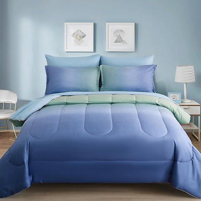Dinjoy Girls Comforter Set Queen Size Colorful Rainbow Ombre Blue Green Pink Bedding Set Gradient 7 Pieces Bed in A Bag for Kids Teen Girl Women(1 Comforter, 1 Flat Sheet, 1 Fitted Sheet)