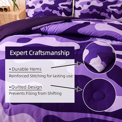 Meeting Story Camouflage Bedding Set, Purple Camouflage Comforter Set, 3 PCS One Comforter and Two Pillowcases, Lightweight Bedspread for Girls Teens Adults (Purple, Queen)