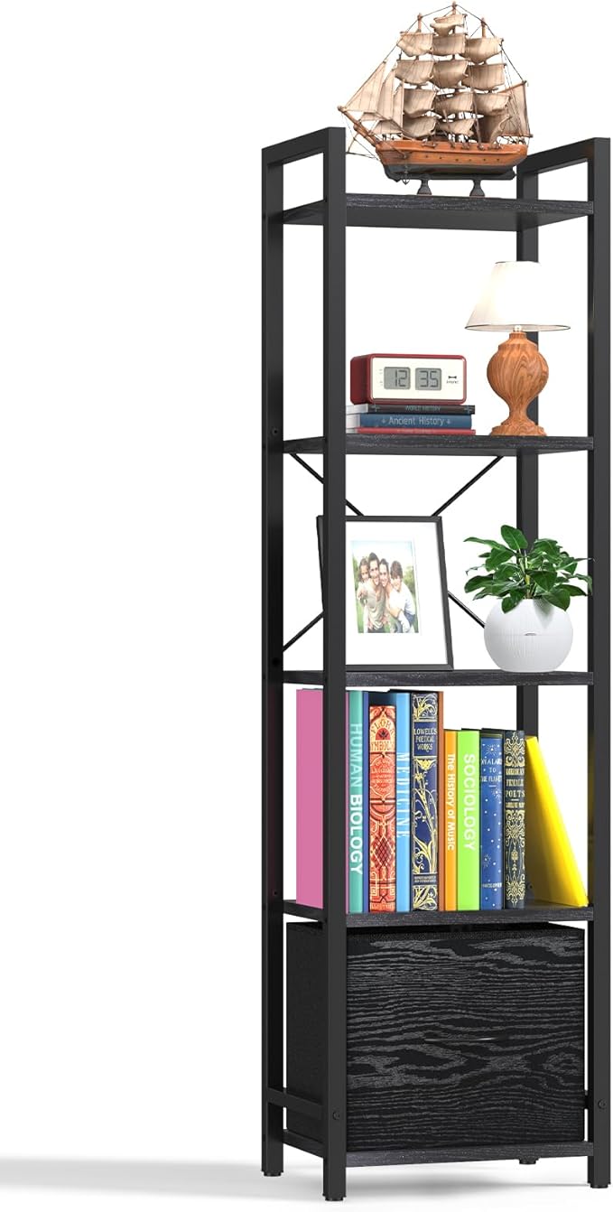 Narrow-Bookshelf-With-Storage-Drawer, 5-Tier Small Standing Book Shelf Organizer For Small Space, Tall Thin Bookcase Shelf For Bedroom Living Room Office, Wooden Shelving Unit Rack For Display