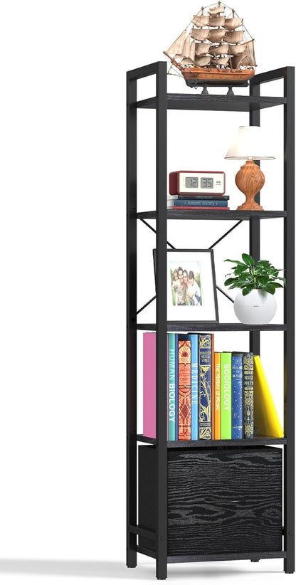 Narrow-Bookshelf-With-Storage-Drawer, 5-Tier Small Standing Book Shelf Organizer For Small Space, Tall Thin Bookcase Shelf For Bedroom Living Room Office, Wooden Shelving Unit Rack For Display