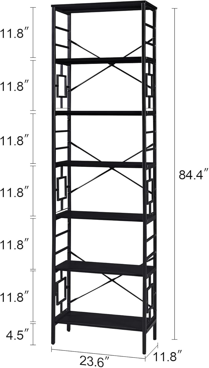HOMISSUE Bookcase,7-Tier Tall Bookshelf Metal Bookcase and Bookshelves, Free Standing Storage Modern Bookshelf for Home Office Living Room and Bedroom，Black