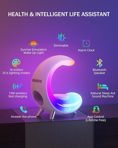 Multifunctional Bluetooth Speaker with Desk Lamp, Table Lamp Ambient Lighting with Wireless Fast Charging, Alarm Clock, Running Lights Table Lamps, Mood lights