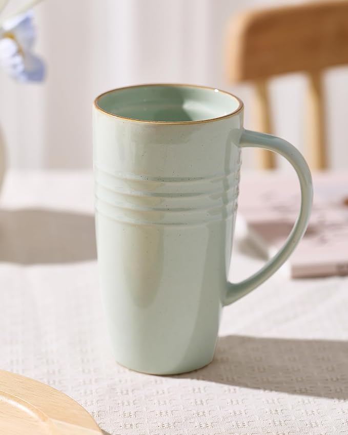 famiware Jupiter Large Coffee Mug, 20oz Coffee Mug with Lid, Ceramic Mugs Set of 4, Cup Set with Handle for Latte, Tea, Cocoa, Milk, Microwave and Dishwasher Safe, Light Blue and Light Green