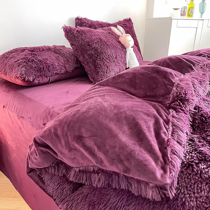 Faux Fur Kids Girls Grape Purple Comforter Sets Queen - 3PC Bed Set Warm Comfortable Soft Plush Flannel Velvet Fluffy Fuzzy Bedding（Comforter x 1 Pillowcases x 2）