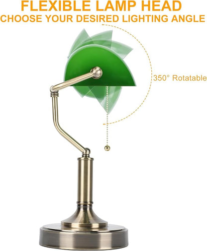 Bankers Lamp, Green Desk Lamp with Pull Chain Switch, Retro Lamp with USB and Type C Charging Ports, Vintage Lamp for Home Office, Piano, Library, LED Bulb Included (Retro)