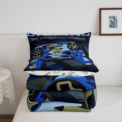 Boys Girls Gamepad Comforter Set Queen Size Teens Gamer Bedding Set Retro Blue Camouflage Video Game Controller Comforter For Kids Youth Bedroom Decor Gamer Console Action Buttons Duvet Set Microfiber