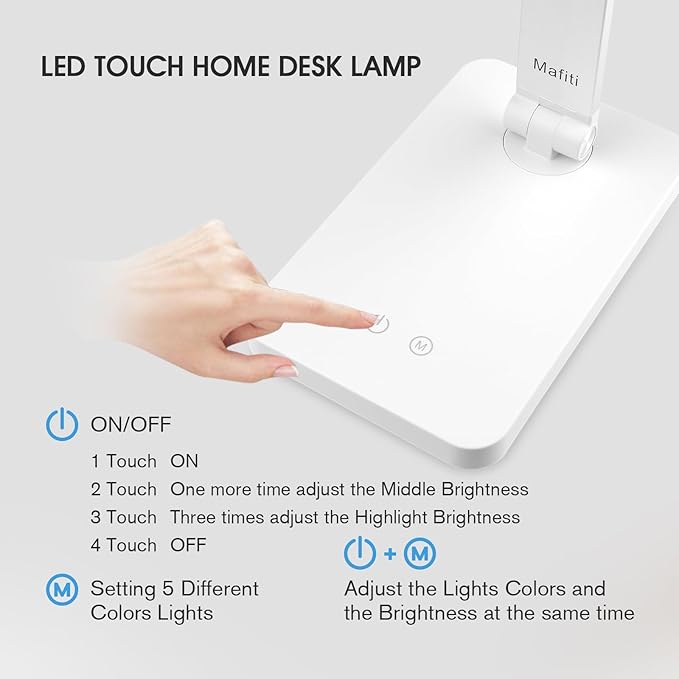 mafiti LED Desk Lamp for Home Office,Touch Desk Light 5 Light Modes 3 Brightness,Foldable Table Lamp with Adjustable Arm,Eye-Caring Lamp with USB Port, Bedside Lamp for Working Reading Study,White
