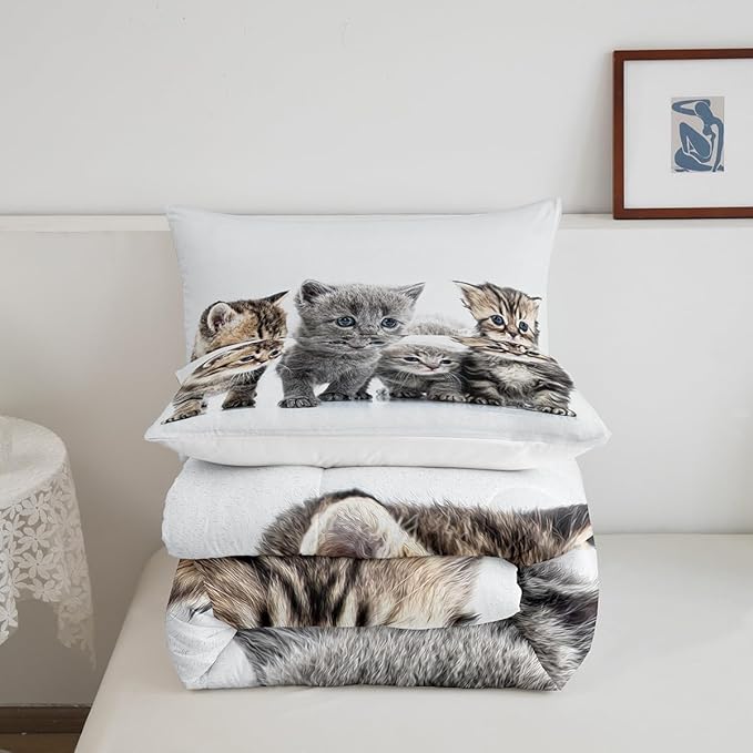 Little Cat Bedding Set Lovely Pet Cats Comforter Cat Lover's Animal Themed Design Comforter Set for Boys Girls Kids Room Decor Cute Kitten Print Duvet Set Full Size with 2 Pillow Case
