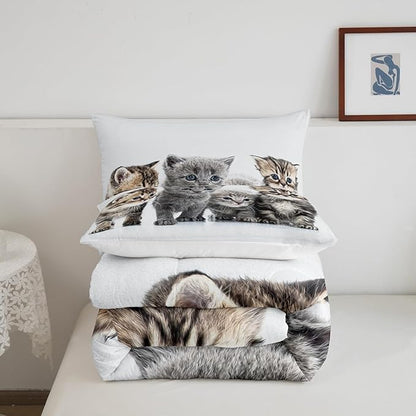 Cat Comforter Kids Cute Cat Bedding Set Toddler Cartoon Pet Cats Comforter Set for Girls Boys Children Cute Kitten Room Decor Cat Lovers Kawaii Animal Theme Quilt Set Queen Size with 2 Pillow Case