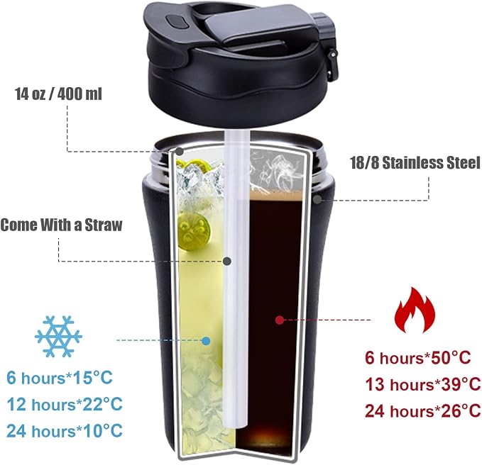 14 oz Travel Coffee Mug, 2 Pack Vacuum Insulated Stainless Steel Tumbler | Spill proof coffee travel mug with lid & straw for hot & cold drinks. Great gift for men & women (Black Grey)
