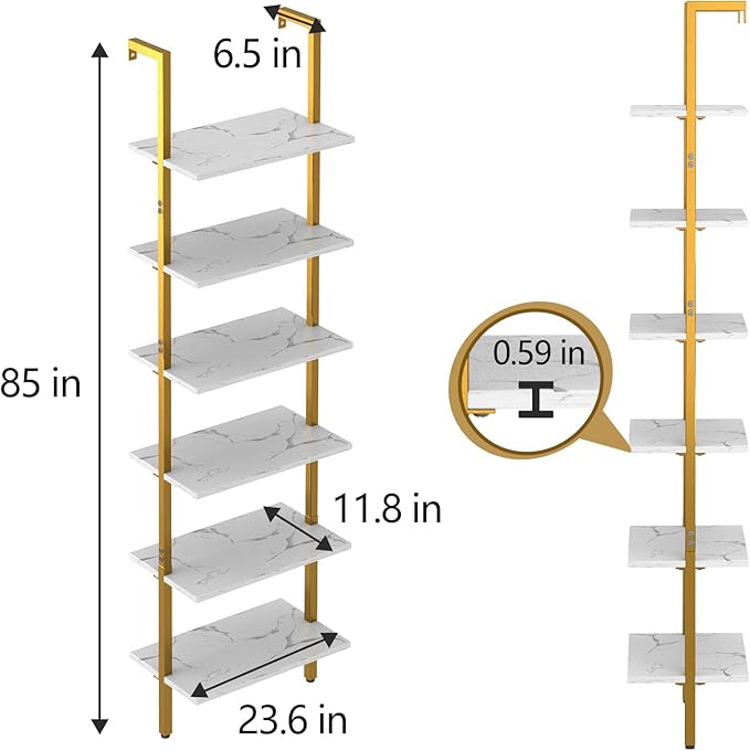 Ladder Shelf 6 Tiers Marble White Modern Bookshelf Open Tall Wall Mount Bookcase Standing Leaning Wall Shelves Industrial Decorative Living Room Bed Room