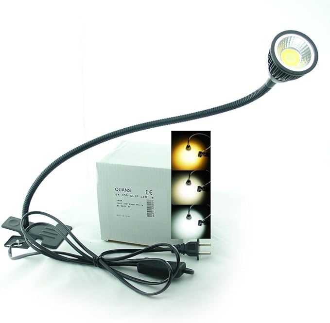 5W 3 Colors LED COB Clip on Light Black 19.68 INCH 50 CM Tube Desk Flexible Table Bed Lamp Work Home Design lighting 110V 220V 85-265VAC with US Plug switch on off 500LM (Black)