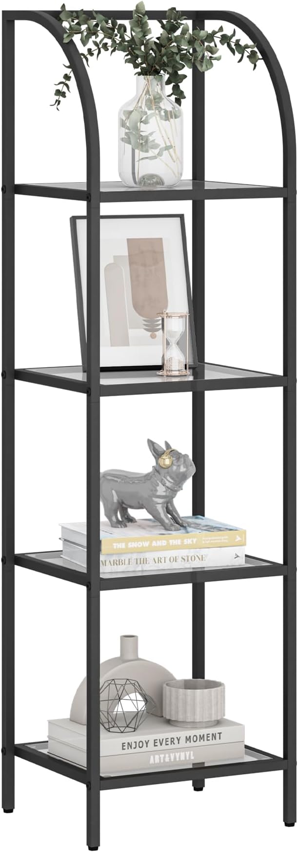 Bookcase Bookshelf, Tempered Glass Arched Bookshelf for More Storage, Slim Shelving Unit for Bedroom, Bathroom, Home Office, Steel Frame, 4 Tier Black BC20499B