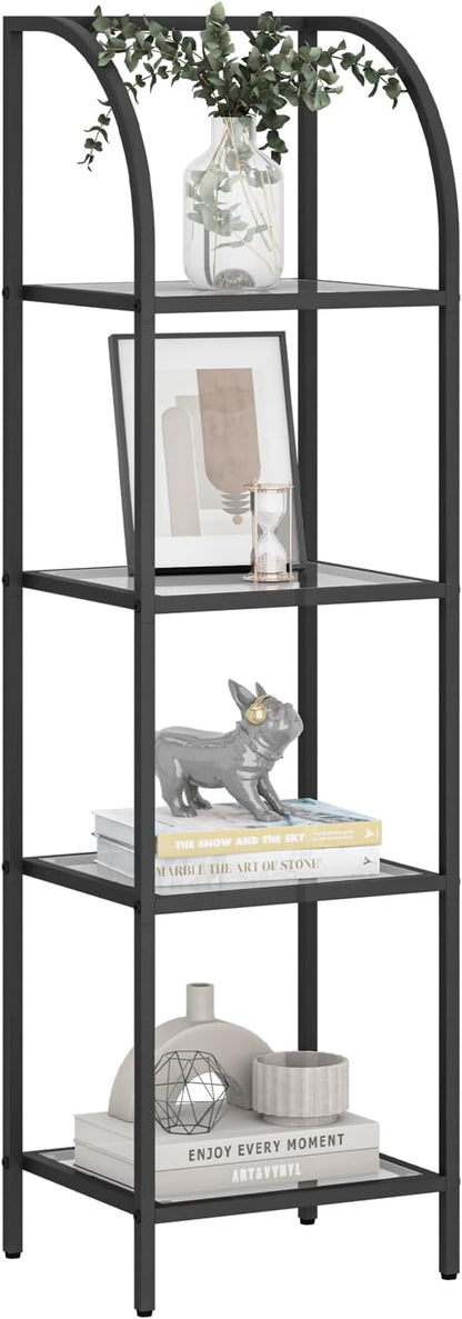 Bookcase Bookshelf, Tempered Glass Arched Bookshelf for More Storage, Slim Shelving Unit for Bedroom, Bathroom, Home Office, Steel Frame, 4 Tier Black BC20499B