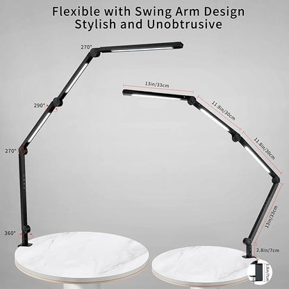 LED Desk Lamp with Clamp Flexible 4 sections Swing Arm Three light sources desk light, 4 Color Modes & 5 Brightness, Eye Caring Led table light with Memory Function for table lamps for office