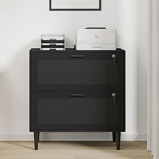 2 Drawer File Cabinet, Lateral File Cabinet with Lock, Rattan Wood Filing Organization Cabinet for Home Office, Black