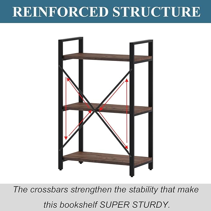 BON AUGURE 3 Tier Industrial Bookshelf, Office Small Open Book Shelf for Small Space, Short Wooden Etagere Bookcase (Rustic Oak)