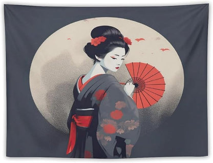 Japanese Woman Geisha Tapestry Asian Red Cherry Blossom Red Sun Traditional Kimono Folk Tapestries Home Decor for Living Room Bedroom Apartment Farmhouse Dorm 90"x60"