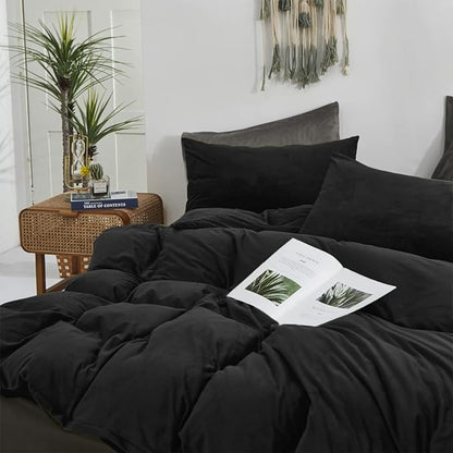 Wellboo Black Velvet Comforter Sets California King Solid Black Fluffy Bedding Comforters Cal King Solid Color Flannel Quilt Women Men Plain Black Comforters Micromink Sherpa Fuzzy Warm Bed Plush