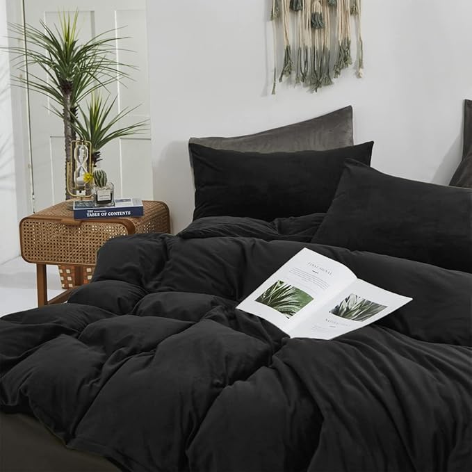 Wellboo Black Velvet Comforter Sets Queen Solid Black Fluffy Bedding Comforters Women Men Plain Dark Color Flannel Quilt Modern Minimalist All Black Comforters Queen Size Micromink Sherpa Plush Bed