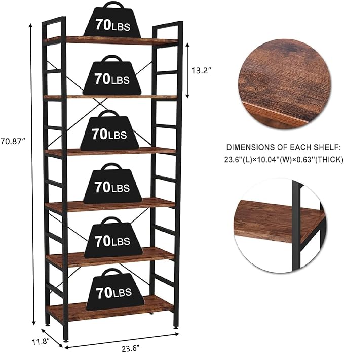 6 Tier Industrial Bookcase Shelf,Tall Bookshelf Industrial Corner Storage Organizer for Bedroom/Living Room/Home Office - Rustic Brown Modern Book Shelf for Books and Movies