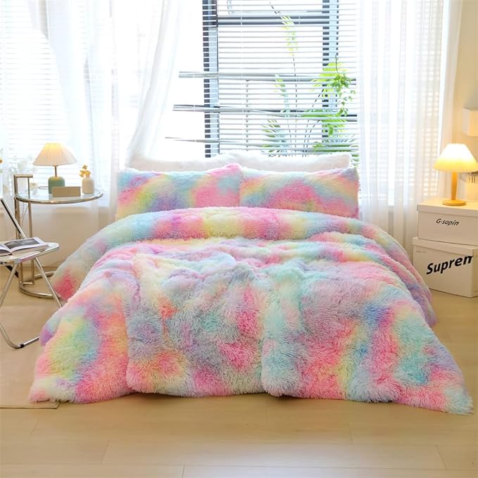 Faux Fur Kids Girls Rainbow Comforter Sets King - 3PC Bed Set Warm Comfortable Soft Plush Flannel Velvet Fluffy Fuzzy Bedding（Comforter x 1 Pillowcases x 2）