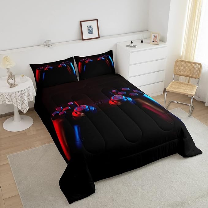 Erosebridal Gaming Bedding Set Gamer Comforter Set Kids Teens Boys Girls Gamepad Quilt Duvet Set Video Game Controller Pattern,Modern Decor 3 Pcs Down Comforter with 2 Pillow Shams, King Size, Black