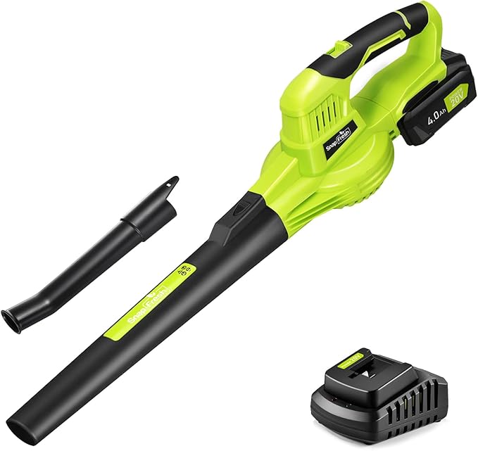 SnapFresh Leaf Blower, 20V Cordless Leaf Blower with 4.0Ah Battery & Fast Charger, 2 Speed Mode, Lightweight Electric Leaf Blower for Lawn Care, Leaf Blower for Patio Yard Sidewalk…