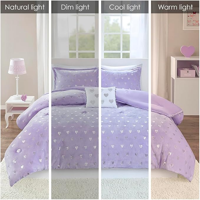Mi Zone Rosalie Comforter Set for Girls, Ultra-Soft Microlight Plush Metallic Printed Hearts Brushed Reverse Overfilled Down Alternative Hypoallergenic All Season, Full/Queen, Purple/Silver, 4 Piece