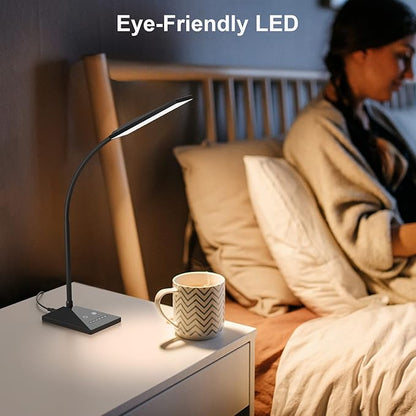 LED Desk Lamp Eye-Caring Table Lamps with USB Charging Port,7 Brightness Levels & 5 Color Modes,Touch Control and Memory Function, Flexible Gooseneck Reading Lamp for Home Office, Black