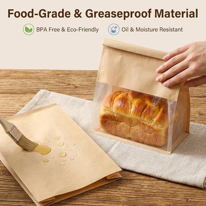 200 Pack Eco-Friendly Kraft Paper Bakery Bags with Clear Window, Reusable Tin Tie Tab Lock for Sealed Freshness, Baked Goods Packaging for Gifting and Bake Sale Extra small(3.9*9.4*3.5Inches)