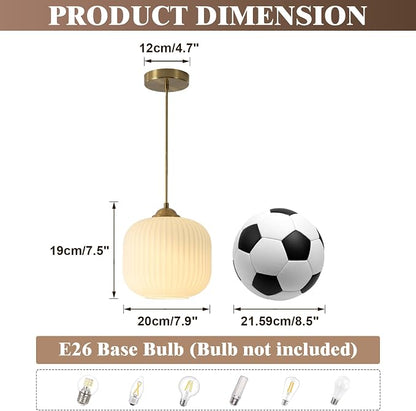 KCO Lighting Modern Brass Gold 7.9” Ribbed White Milk Glass Pendant Light | Adjustable Cord, E26 Small Mid Century Modern Hanging Light for Sloped Ceiling Kitchen Island Dining Room Bedroom Entryway