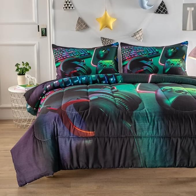 Gamer Comforter Sets for Teen Boys,Gaming Bedding Sets Queen,Video Game Bedspread,Game Gamepad Bed Set,Controller Bedding Gamer Home Decor 3 Piece 1 Comforter and 2 Pillowcases