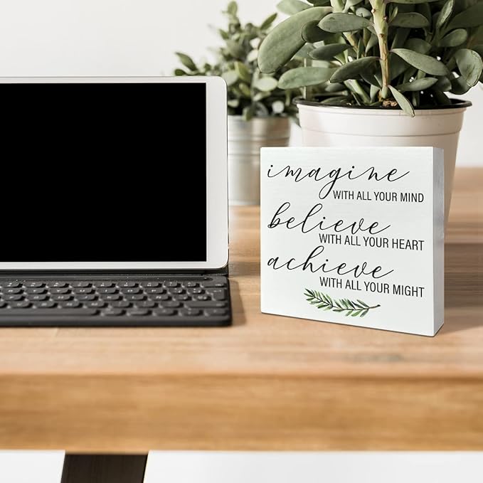 Home Office Desk Wooden Box Sign Decor, Imagine with All Your Mind, Inspirational Quotes Desk Decor Motivational Desk Decorations for Women Men Student Office Classroom School