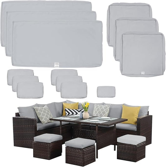 ClawsCover 13Pack Outdoor Seat and Back Cushions Replacement Covers Fit for 7Pieces Wicker Rattan Patio Furniture Set Sectional Couch with Dining Table and Ottoman,Gray-Include Cover Only