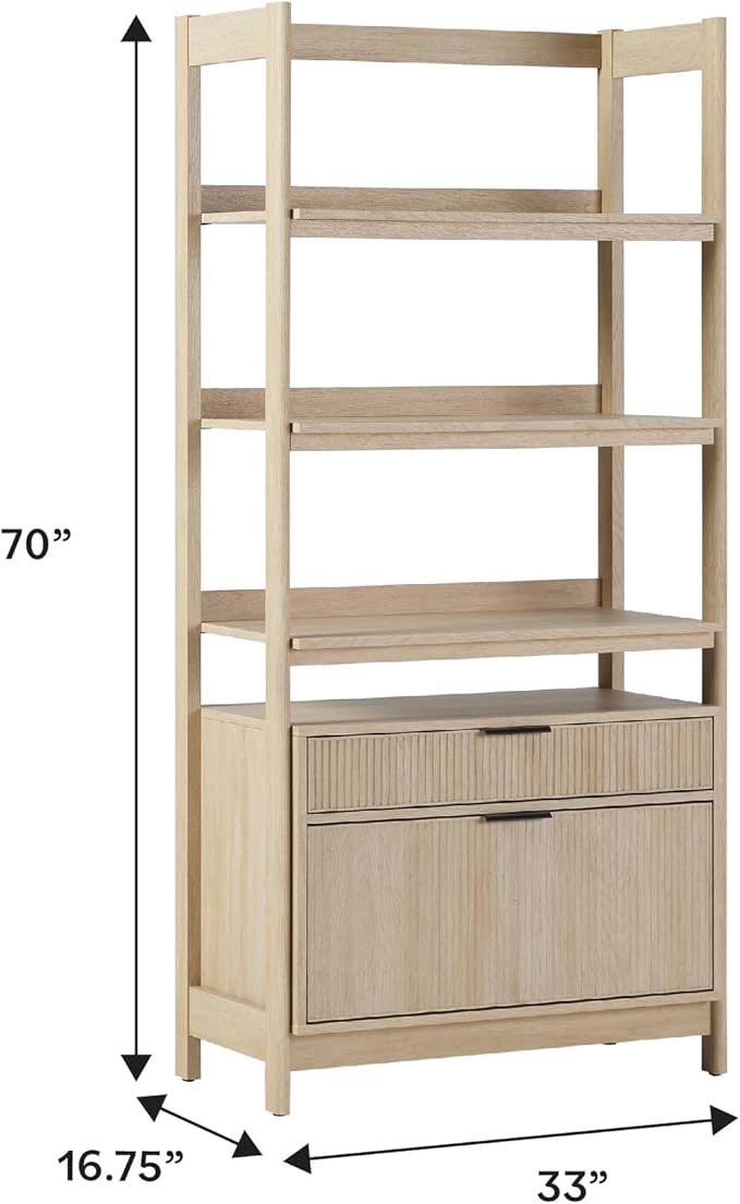 Walker Edison Modern Reeded 4-Shelf Bookshelf Bottom, 33 Inch, Two-Drawer Coastal Oak