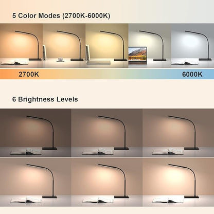 KEXIN LED Desk Touch Lamp with Wireless Charging & USB Charging Table Lamp 5 Color Modes 6 Brightness Levels Eye-Caring Gooseneck Desk Lamp for Home Office with Memory Function 1h Timer Bedside Lamp