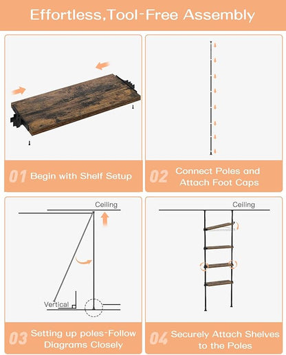 ALLZONE Adjustable Tall Narrow Bookshelf for Bedroom,4-Tier Ladder Bookshelf for Small Spaces,Tension Mount Small Book Shelf and Tall Bookcases, 64 to 113Inch Height Skinny Bookshelf with Open Storage