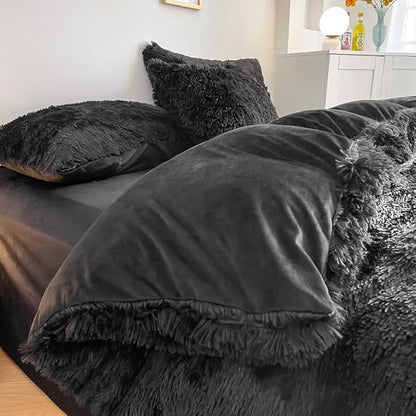 Faux Fur Kids Girls Black Comforter Sets Twin/Full - 3PC Bed Set Warm Comfortable Soft Plush Flannel Velvet Fluffy Fuzzy Bedding（Comforter x 1 Pillowcases x 2）