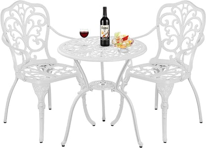 Patio Bistro Set 3 Piece Cast Aluminum Outdoor Bistro Set, Rust Resistance Bistro Table and Chairs of 2 with Umbrella Hole, Small Patio Set for Garden Outside, White