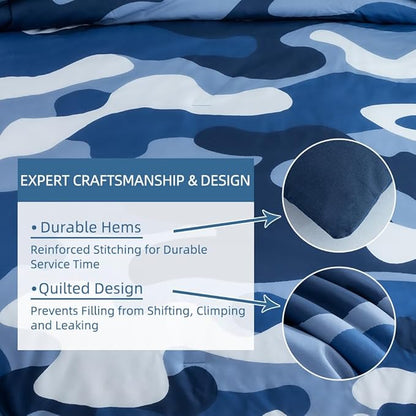 Meeting Story Camouflage Bedding Set, Colorful Pattern Style Comforter Set, 3 PCS One Comforter Two Pillowcases Two Sheets in One Bag, All Season Bedspread for Teens Adults (Navy, Queen