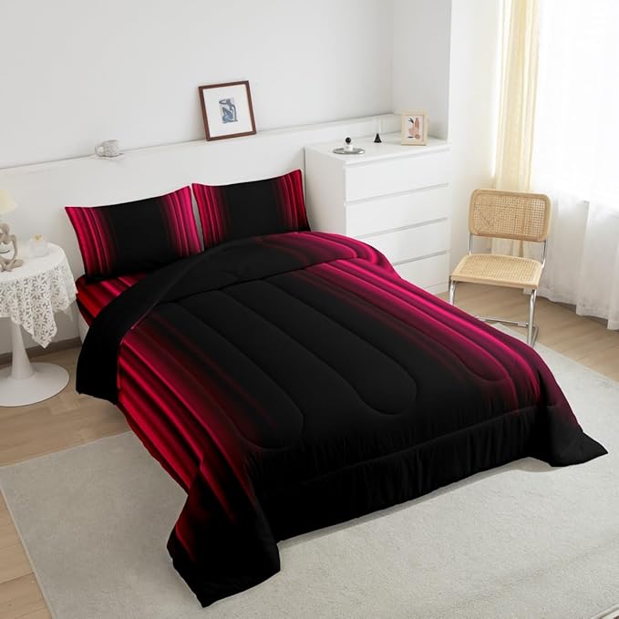 Feelyou Geometric Abstract Ombre Bedding Bed Set Men Adults Teens Vibrant Red Black Striped Comforter Set Kids Boys Girls Simple Modern Comforter Collection 2Pcs Twin Size Boys