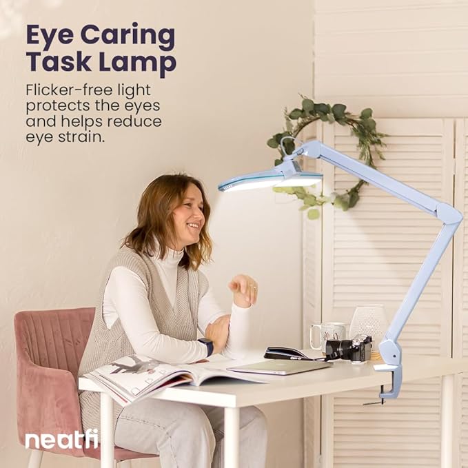 Neatfi Elite HD XL Task Lamp, 3 Light Modes, 90PCS SMD LED, Super Bright Desk Lamp, Eye-Caring LED Lamp, Non-Polar Dimming, Adjustable Brightness Levels (CCT with Clamp, Blue Ring, 17 Inches)