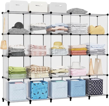 HOMIDEC 20-Cube Transparent Cube Storage Organizer, Modular Storage Shelf with Hammer, Cube Storage Bin Cabinet Closet Bookshelf for Living Room, Bedroom, Office, Each Cube Size 11.8 x 11.8 inch