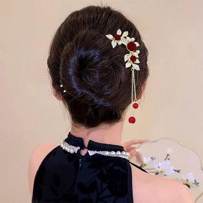 Lawie 10 Pack Cute Flower Butterfly U Shaped Gold Metal Hair Fork Pins Curved Chopsticks for Hair Sticks with Dangles French Hair Pins Bun Holder Decorative Hair Accessories for Women Girls (Red)