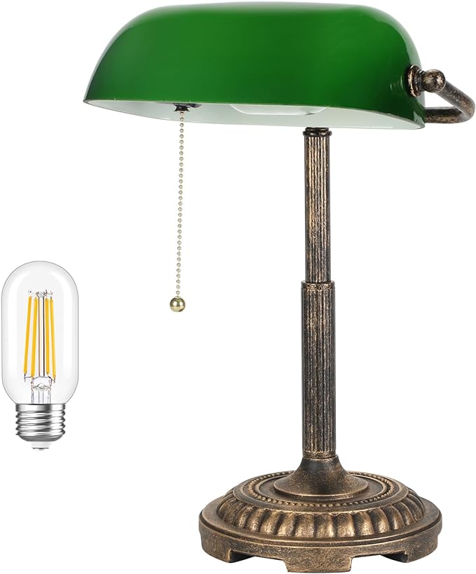 Bankers Lamp, Green Desk Lamp with Pull Switch, Vintage Table Lamps for Home Office, Library, Piano LED Bulb Included (Green)