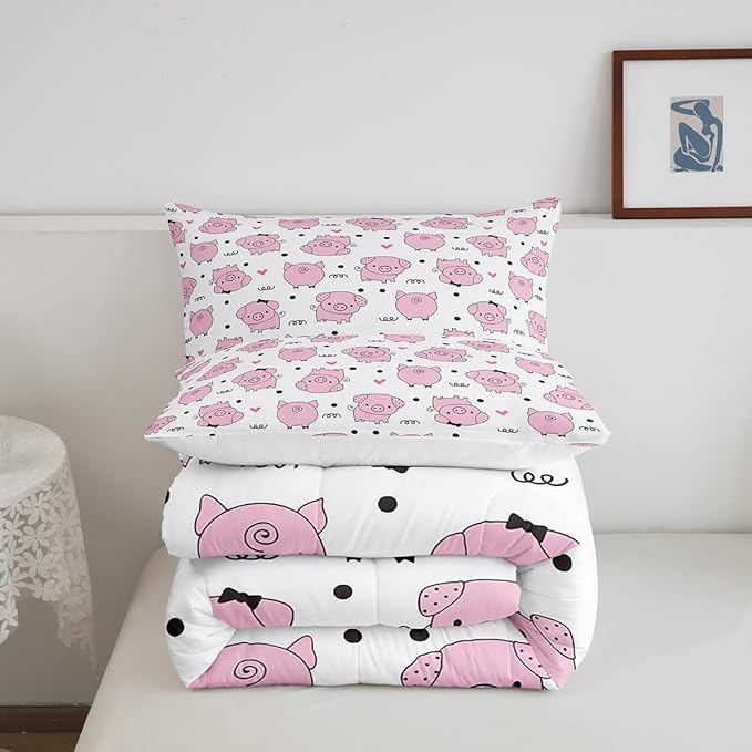 Erosebridal Pink Pig Comforter Set for Girls Kawaii Room Decor King,Cute Pigs Bedding Set for Kids Boys Children Farm Animal Quilted Duvet Sets Cartoom Style Soft Lightweight Down Comforter 3 Pcs